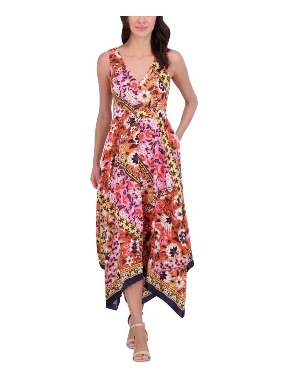 Vince Camuto Women’s V‑Neck Handkerchief Hem Midi Dress Multicolor Size 8 NWT